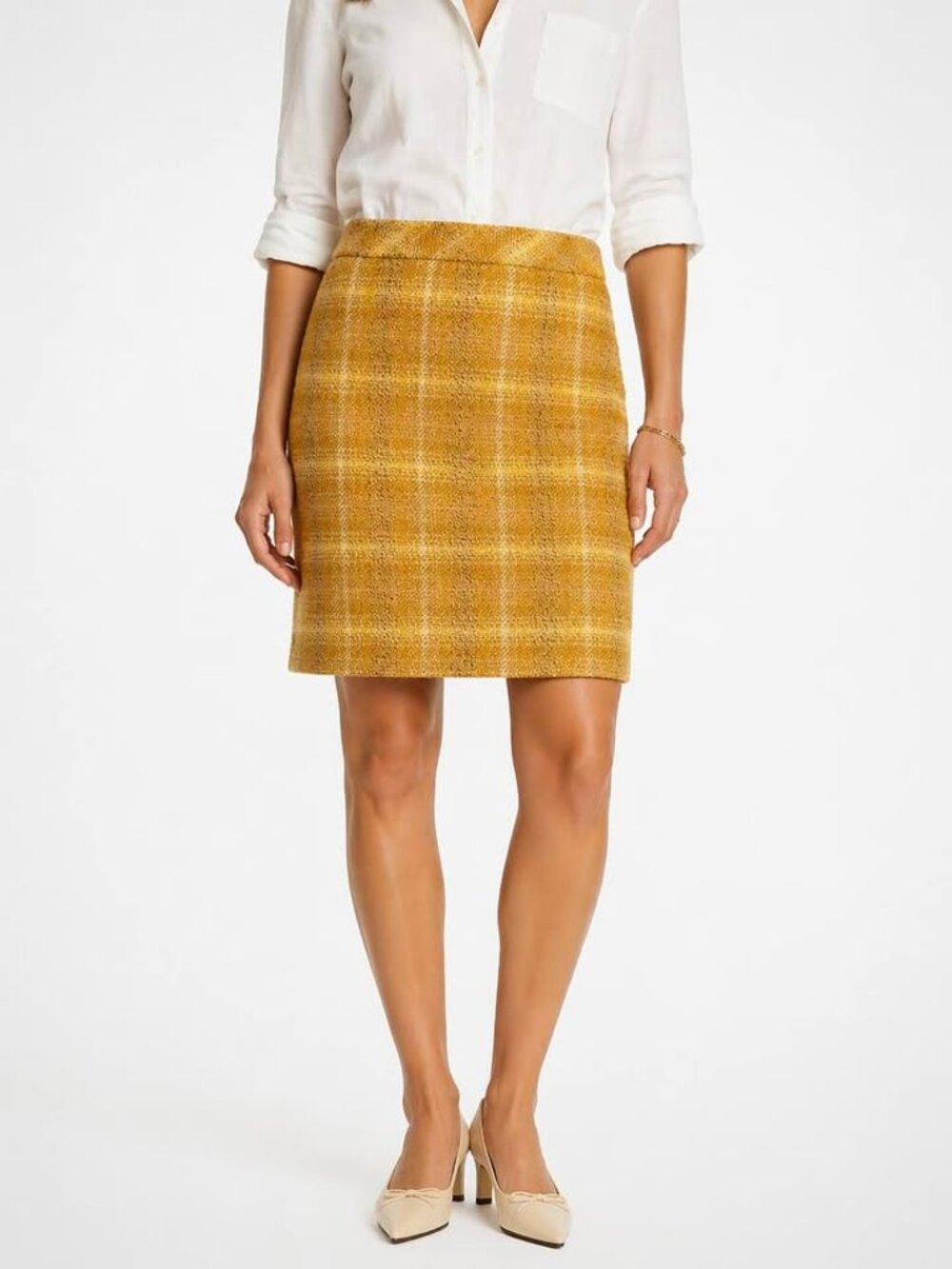 J.Crew Wool Tartan Plaid Gold Tweed Sunnie Preppy Corpcore Pencil Skirt [size 6]